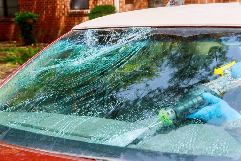 Workers remotion automobile broken windscreen or windshield of a car in service